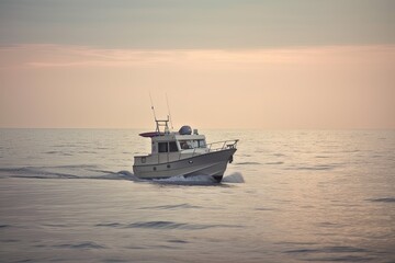 Fototapeta na wymiar Single modern boat on the sea at sunset. Summer vacation, seascape. Generative AI.