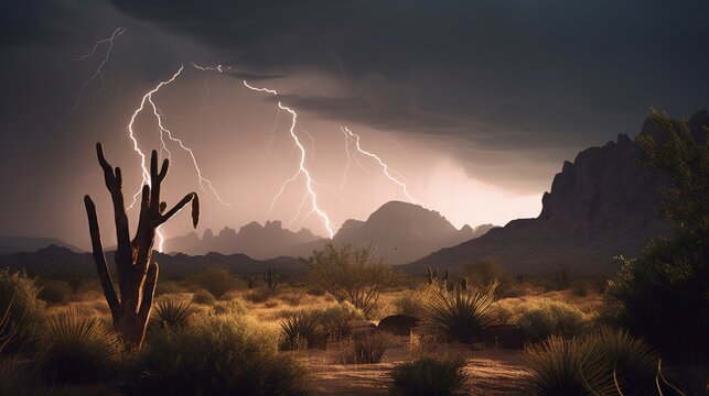 a desert scene with a cactus and lightning in the sky.  generative ai