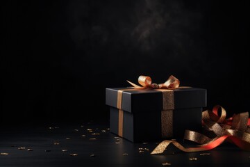 Fototapeta premium Luxury black gift box with shiny ribbon and bow on a dark background. Surprise. Festive background for Birthday, Valentine or Christmas.