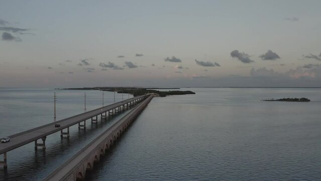 Florida Keys Seven Mile Bridge during morning sunrise - 4K Drone