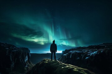 person with bobble hat stands on a rock and admires the northern lights created with Generative AI technology