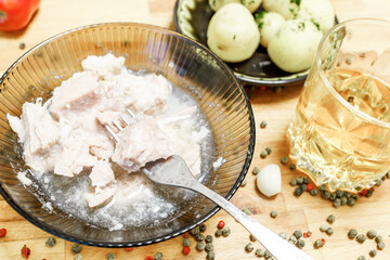 top view of the plate in which the stew is located. homemade preparation of meat for long-term storage