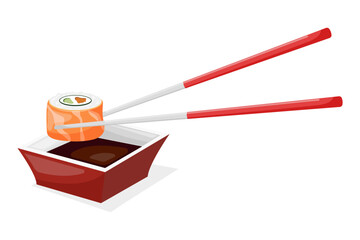 Vector flat cartoon illustration of sushi and sauce bowl.
