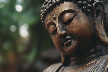 A serene and peaceful image of a Buddha statue in a cross-legged meditation pose, Generated with AI