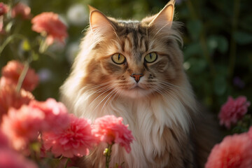 Beautiful cat with long fur between pink peony flowers. Generative AI illustration