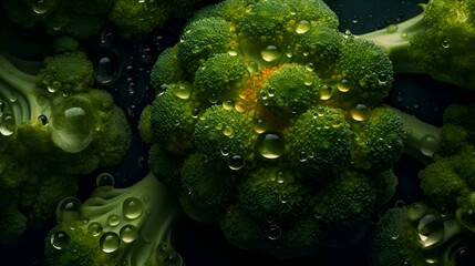 Broccoli cabbage with water drops, banner, Generative AI