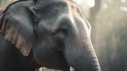 Fototapeta na wymiar a close up of an elephant with trees in the background. generative ai