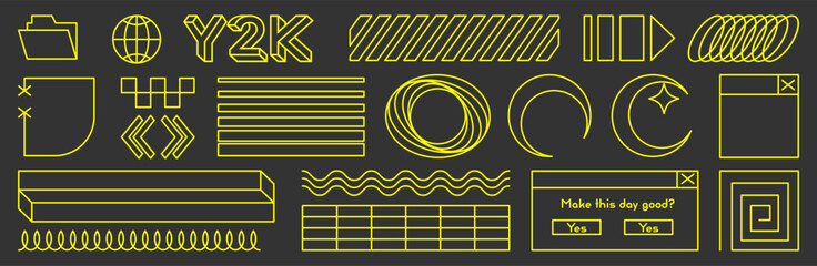 Brutalist design elements. Set of geometric shapes and grids. Trendy 90s - 2000s style. Elements for posters, stickers, clothes. Bauhaus design style.