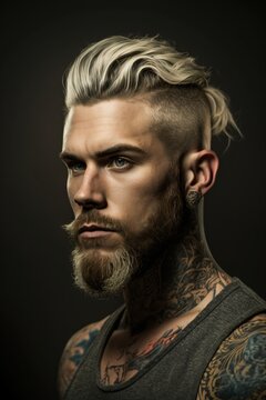 beautiful man with blond hair and beard has numerous tattoos created with Generative AI technology