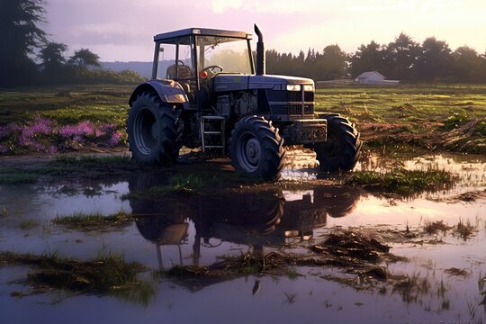 The tractor rides along the bank of a river or lake in the forest