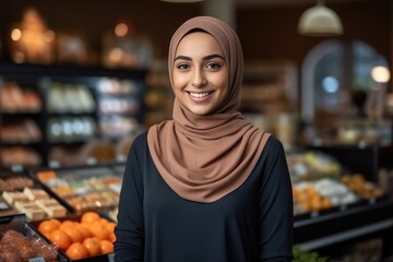 Smiling young female supermarket worker looking at the camera. Generative AI - obrazy, fototapety, plakaty