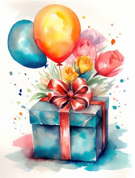 Watercolor painting gift box with red bow, flowers and balloons. Illustration. Generative AI