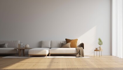 Brown sofa and white wall in modern living room.3d rendering
