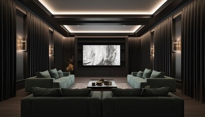 Luxury home theater room with big couch.3d rendering