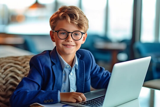 Young trendy handsome school boy smiling, wearing round metal glasses. studying in internet from home with laptop, he is in a prestigious elementary school. Luxury background. AI generative