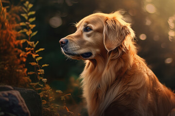 Portrait of a golden retriever in nature. Leaves, grass, trees on a blurry background. Soft light. Generative AI.
