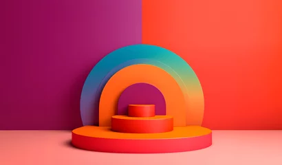 Foto op Aluminium Abstract minimal concept. Vibrant bright multi colour background with podium stage, abstract geometric landscape. Mock up template for product presentation. 3D rendering. copy text space © Sandra Chia