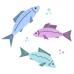 Fishes set, different flat sea or river water animal, decoration for design fishing on nature, enjoy hobbie, simple cartoony design. Isolated.Vector illustration
