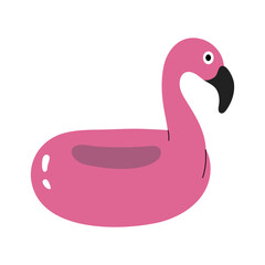 Inflatable flamingo ring for swimming in pool.Flat hand-drawn decoration, pink rubber circle for enjoying vacation floating on water. Isolated. Vector illustration