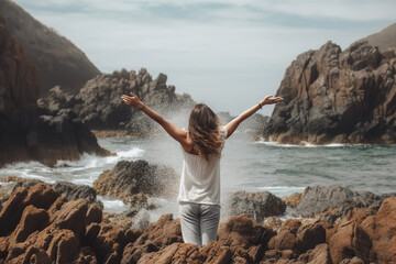 Woman with outstretched arms enjoying the wind and breathing fresh air on the rocky beach