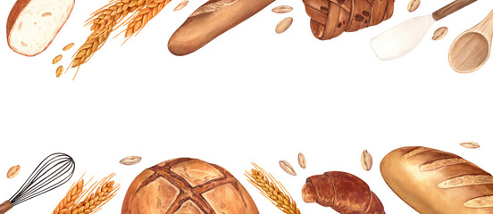 Watercolor bakery frame background. Hand-drawn illustration, isolated on white background. Concept for a bakery or cafe, design: restaurant menu element, recipe cooking book, bread and pastry