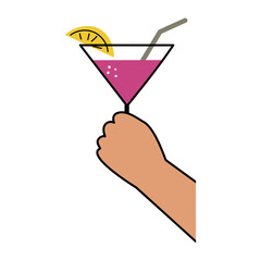 Hands hold martini clinking glass.Cheers toast, festive hand drawn alcohol drink decoration for holidays,romantic Valentine's Day design. Isolated.Vector illustration