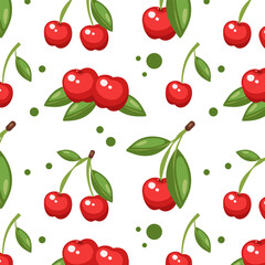 Seamless cherry pattern. Hand drawn vector illustration for summer romantic cover, tropical wallpaper, vintage texture