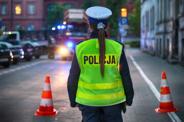 Policjantka polska w kamizelce odblaskowej wieczorem pilnuje ruchu w mieście. - obrazy, fototapety, plakaty