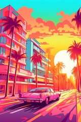 Fototapeta na wymiar Illustration of Miami beach in a vibrant 1980s retro synthwave style, watercolor masterpiece.
