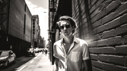 Fototapeta na wymiar In monochrome, a young model male attractive exudes cool, his hipster vibe harmonizing with New York's pulsating rhythm. Generative AI