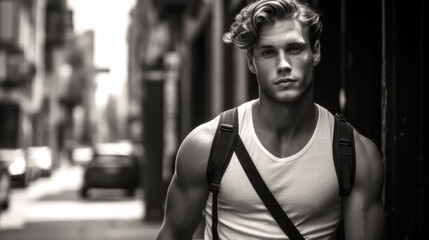 In monochrome, a young model male attractive exudes cool, his hipster vibe harmonizing with New York's pulsating rhythm. Generative AI