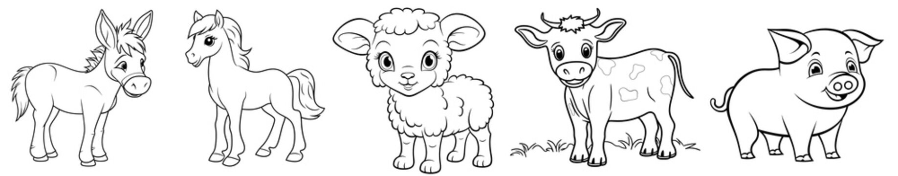 Farm animals - cute Donkey, Horse, Sheep, Cow and Pig, simple thick lines kids or children cartoon coloring book pages. Clean drawing can be vectorized to illustration easily. Generative AI