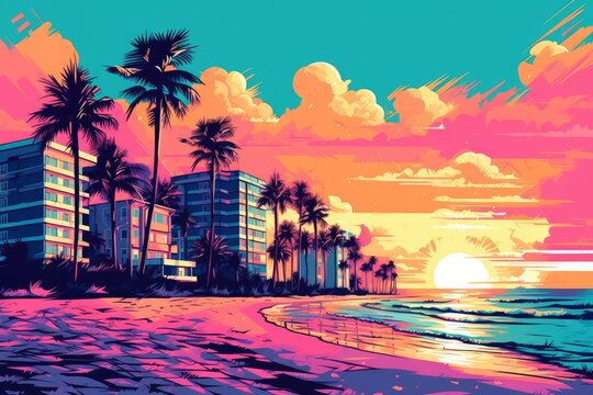  Illustration Of Miami Beach In A Vibrant 1980s Retro Synthwave Style, Watercolor Masterpiece.