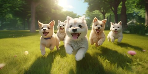 Group of adorable dogs playing and running about on a park's lush grass. Generative Ai.