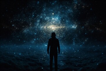 outline of a man in front of a magical circle-like formation of stars created with Generative AI technology