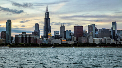 city skyline at sunset