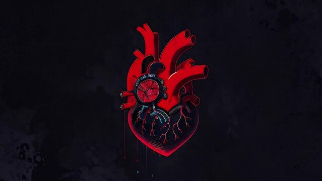 Futuristic medical animation with red human heart on dark grunge background. Healthcare and cardiology, heartbeat concept. AI-generated animation with image transformations