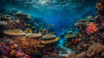 Naklejka na ściany i meble Dive into the mesmerizing depths of the ocean with this extraordinary underwater photograph. Behold the vibrant coral garden, a captivating display of intricate shapes and brilliant colors.