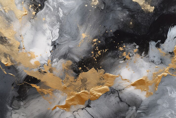 Fototapeta na wymiar Gilded Elegance: A Captivating Gold, Black, and Grey Abstract Swirling Painting, Generative AI