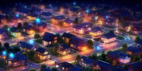 Smart houses, as well as the digital community. Concept of DX, IoT, and digital networks in society. data exchanges at night in suburban homes. Generative Ai.