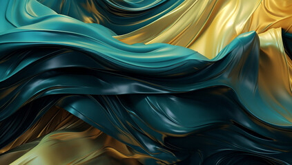 Regal Flow: Sophisticated Green and Gold Metal Silk Sheets Creating Harmonious Waves, Generative AI