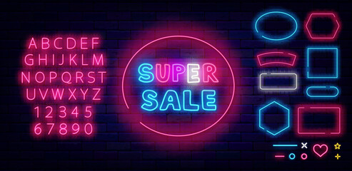 Super Sale neon label. Various frames set. Special offer emblem. Marketing sign. Vector stock illustration
