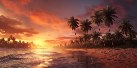 Fototapeta na wymiar Sunset on a lovely beach with coconut trees. Generative Ai.