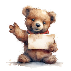 cute teddy bear holding a blank sign in watercolor design isolated on transparent background