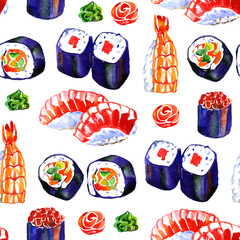 Watercolor sushi seamless pattern, watercolour food repeating background