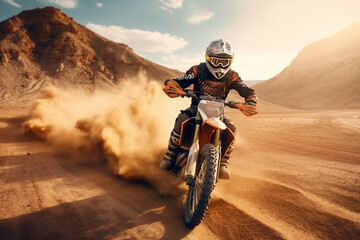 Naklejka na ściany i meble Rocky adrenaline rush: MX rider defies gravity on dirt track amid rugged mountains. Generative AI