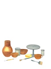 set for ceramics, pottery, tools for sculpture, pottery, dishes, tools for modeling, sculpture, brushes, loops, stacks, cycle, engobe, ceramic glaze, watercolor hand-drawn illustration
