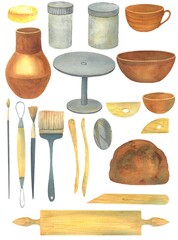 set for ceramics, pottery, tools for sculpture, pottery, dishes, tools for modeling, sculpture, brushes, loops, stacks, cycle, engobe, ceramic glaze, watercolor hand-drawn illustration