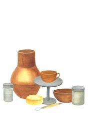 set for ceramics, pottery, tools for sculpture, pottery, dishes, tools for modeling, sculpture, brushes, loops, stacks, cycle, engobe, ceramic glaze, watercolor hand-drawn illustration