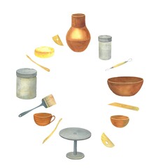 set for ceramics, pottery, tools for sculpture, pottery, dishes, tools for modeling, sculpture, brushes, loops, stacks, cycle, engobe, ceramic glaze, watercolor hand-drawn illustration